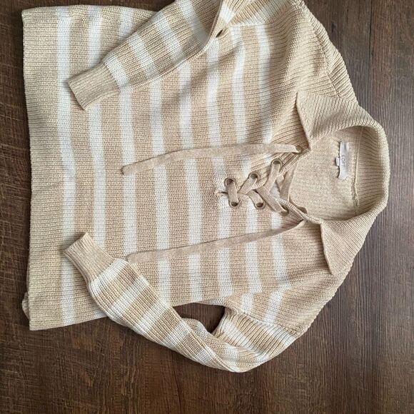 LOFT V-Neck Sweater with Lace-Up Detail collared pullover sz XS neutral EUC - Picture 5 of 13